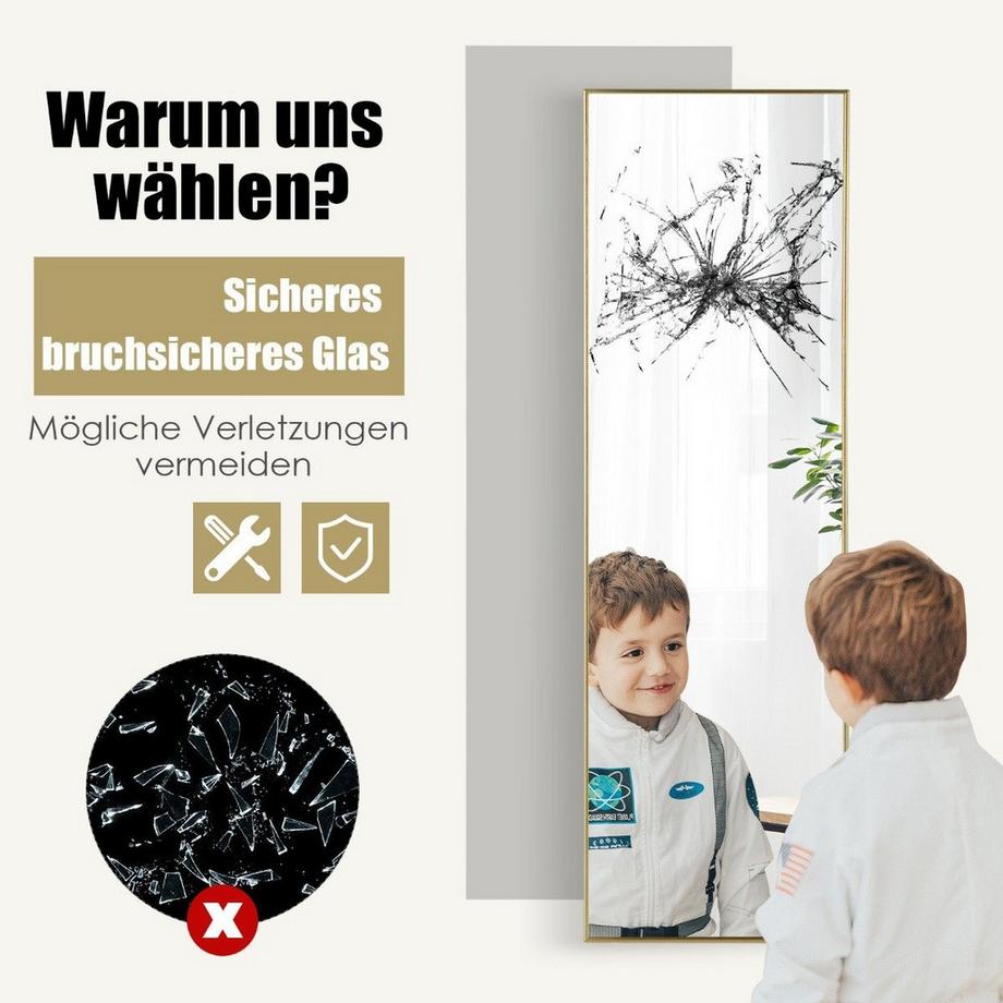Northix 37 x 120 cm Ganzkörperspiegel mit Höhenverstellbaren Hängehaken Wandspiegel Golden  