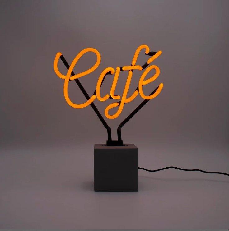 Image of Glas Neon Tischlampe mit Betonsockel - Café Glas Neon Tischlampe mit Betonsockel - Café