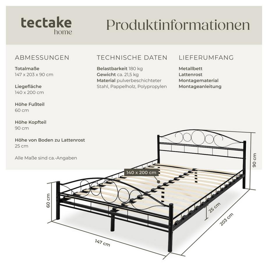 Tectake Metallbett Sonno robustes Stahlgestell mit Holzlattenrost  