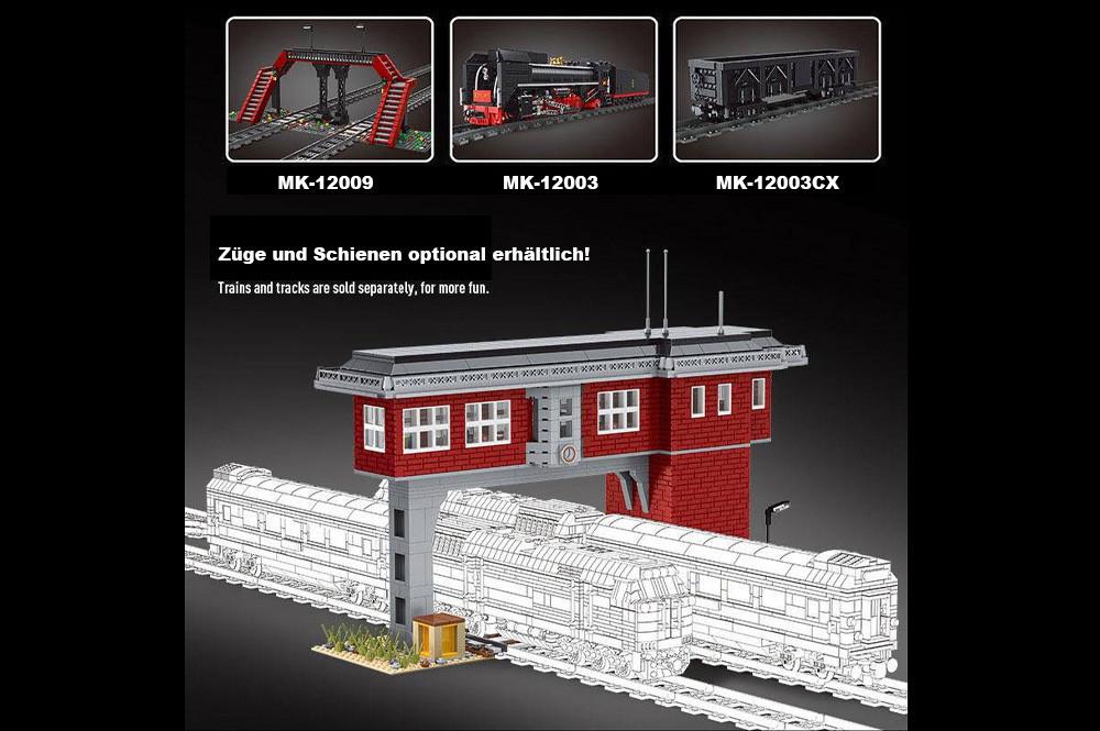 Mould King       Technische Daten    Abmessungen: 500 x 350 x 130 mm Altersgruppe: 8+   Lieferumfang    • 1x Bausatz Zugsignalstation (1809 Teile) • 2x Schiene gerade • 2x Schiene Weiche • 1x Anleitung                         