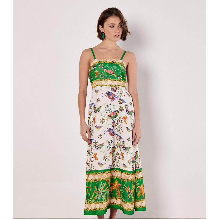 Robe mi-longue à imprimé oiseaux et palmiers
