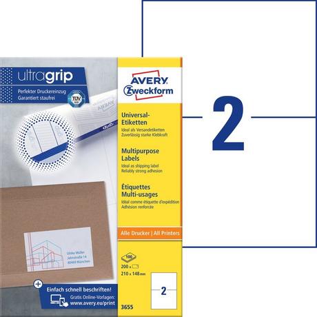 Avery-Zweckform Etichetta universale 210 x 148 mm Carta Bianco 200 pz. A tenuta permanente Stampante a getto d'inch  