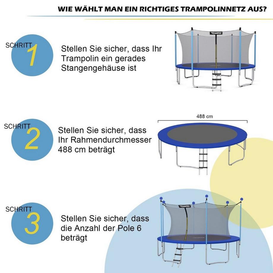 Filet de sécurité pour trampoline de jardin Ø 487 cm, filet de remplacement pour l'intérieur