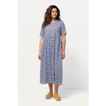 Robe maxi en jersey. Coupe trapèze, col rond et manches courtes. Poches