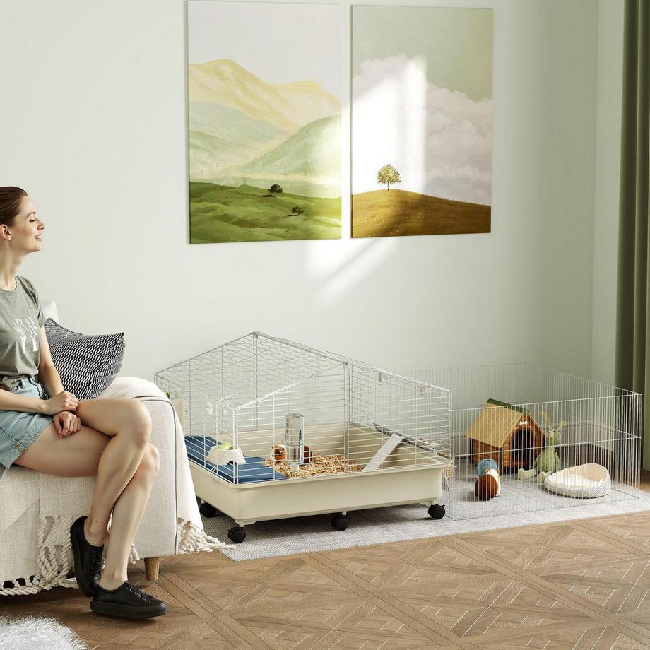 Northio  Kleintierkäfig mit Laufstall, Kaninchenkäfig, Kleintierstall mit Wasserflasche, Heufütterung, Futterschale, Rampe Nagerkäfig mit Rollen für Meerschweinchen und Igel Weiß Aosom 