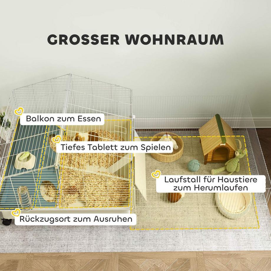 Northio  Kleintierkäfig mit Laufstall, Kaninchenkäfig, Kleintierstall mit Wasserflasche, Heufütterung, Futterschale, Rampe Nagerkäfig mit Rollen für Meerschweinchen und Igel Weiß Aosom 