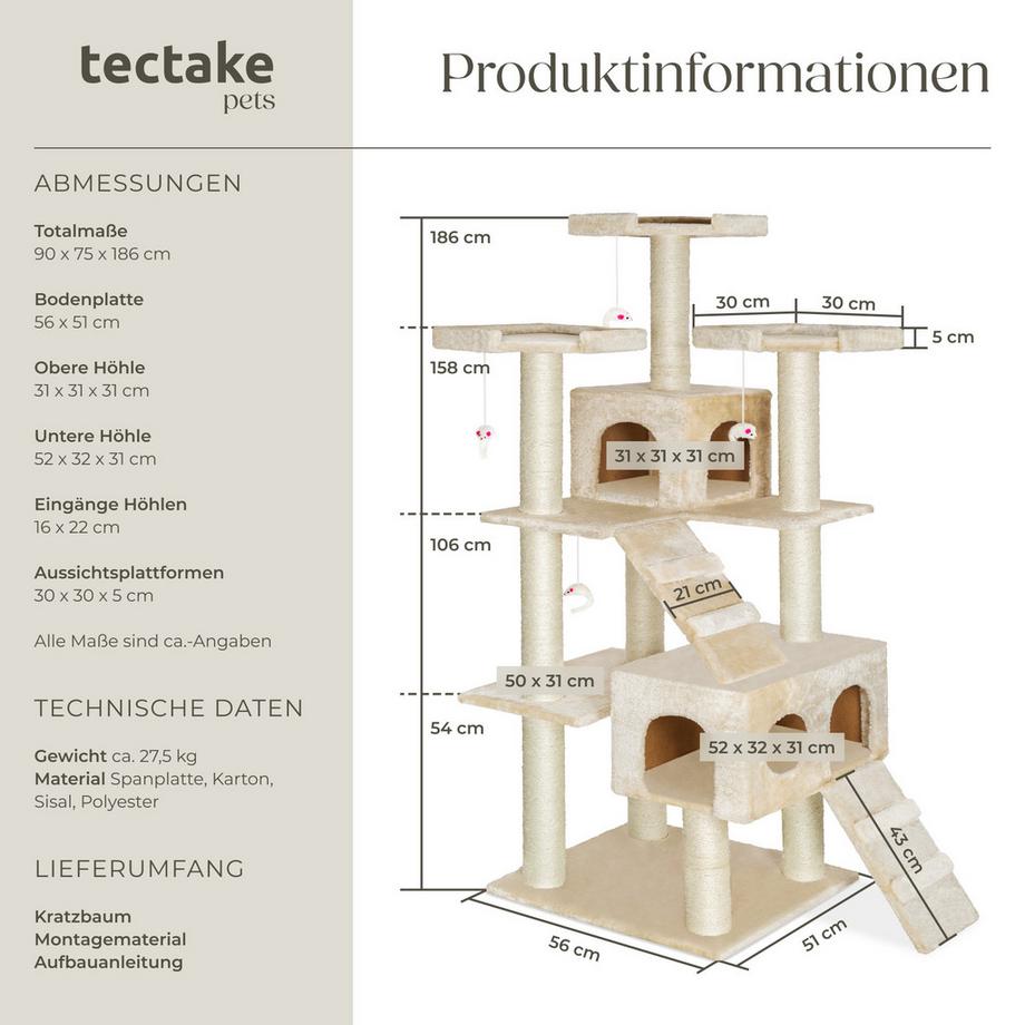 Tectake  Kratzbaum Knuti 186 cm Sisal 
