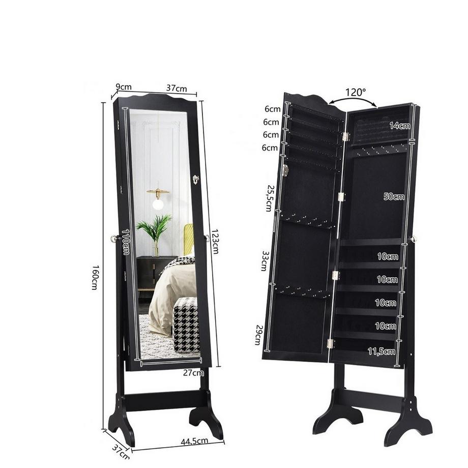 Northix Abschließbarer Schmuckschrank mit Verstellbarem Winkel & Ganzkörperspiegel Schmuckregal Schwarz  