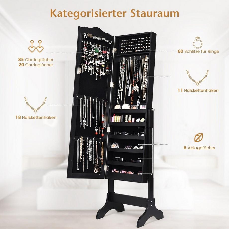 Northix Abschließbarer Schmuckschrank mit Verstellbarem Winkel & Ganzkörperspiegel Schmuckregal Schwarz  