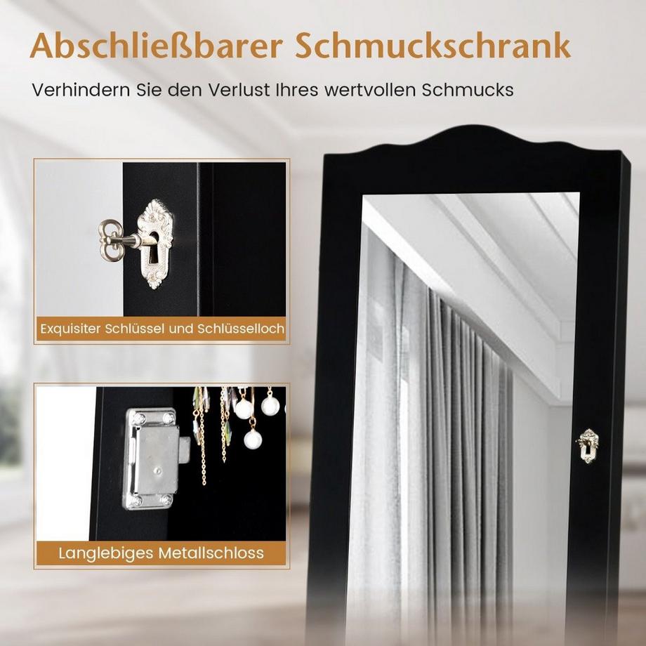 Northix Abschließbarer Schmuckschrank mit Verstellbarem Winkel & Ganzkörperspiegel Schmuckregal Schwarz  