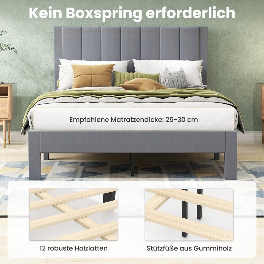 Northix Plattformbettrahmen mit Samtpolsterung und Holzlatten Bettgestell  
