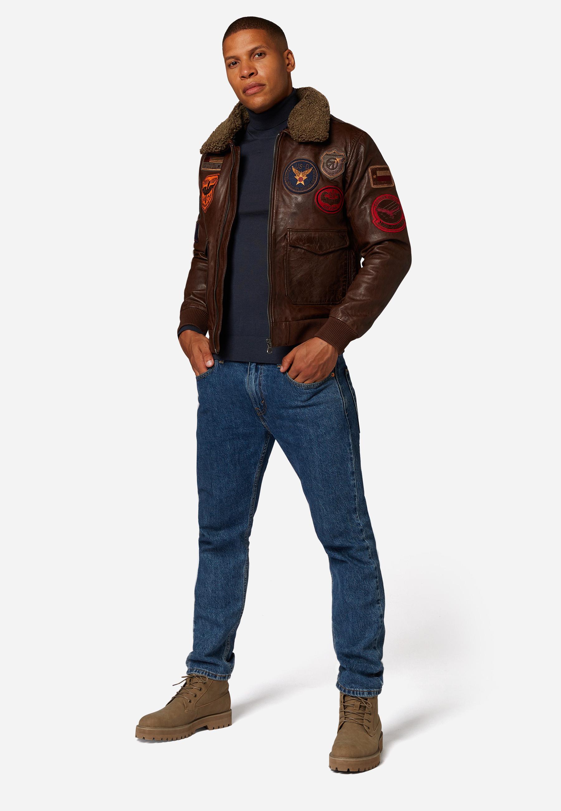 RICANO  Veste en cuir pour hommes Mitic - Style pilote, Patches marquants avec col en fourrure 