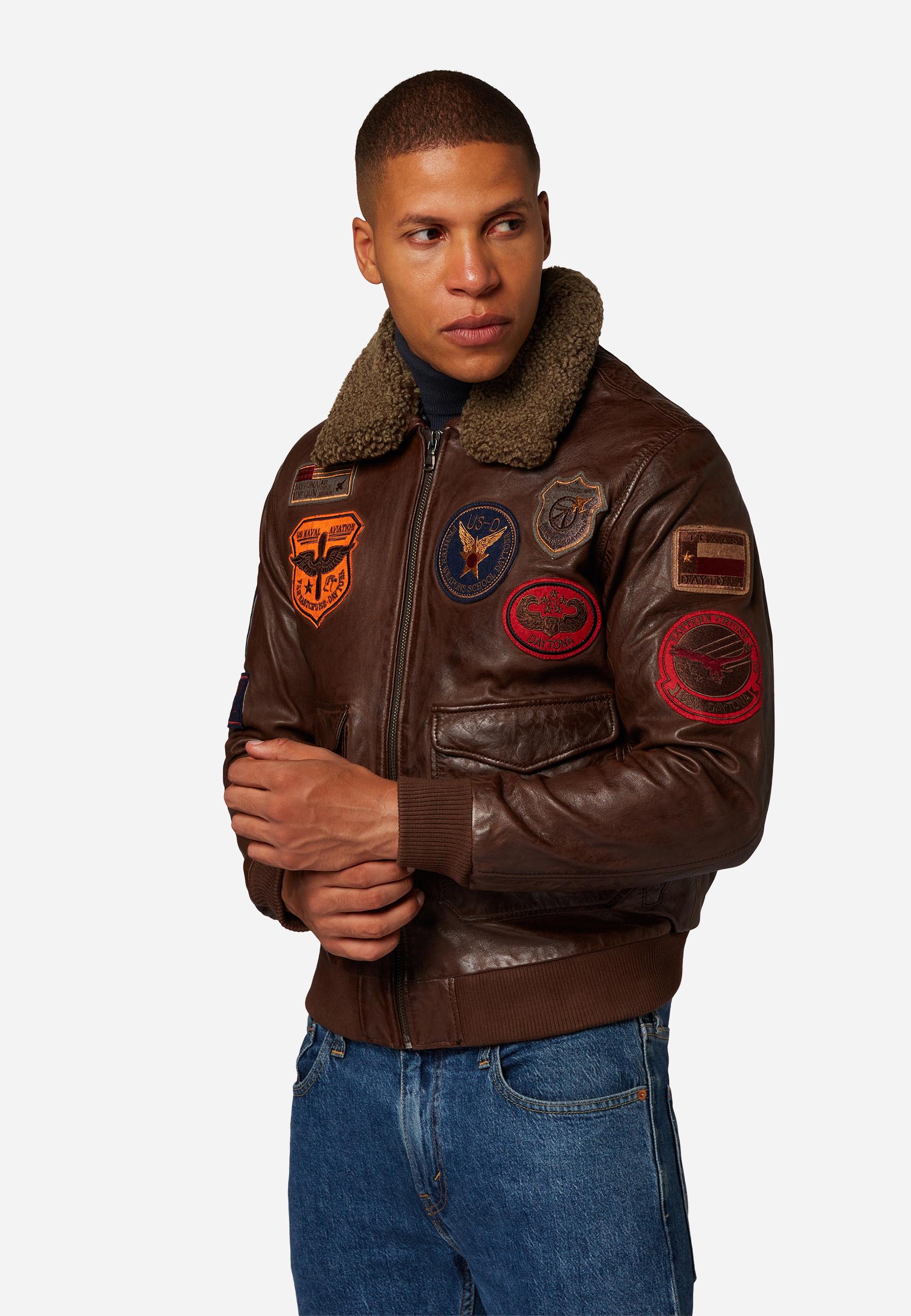 RICANO  Lederjacke Mitic - Piloten Stil, Markante Patches mit Fellkragen 