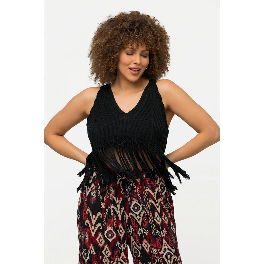 Ulla Popken Top in maglia con frange taglio svasato senza maniche scollo a V  