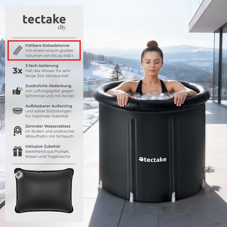 Tectake Eisbadetonne Helsinki faltbar, mit 3-facher Isolierung aufblasbarer Außenring und Schutzabdeckung  