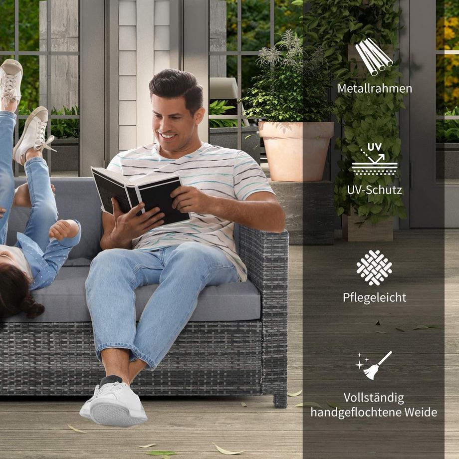 Northio  Poly-Rattan Garten Loungesofa 3-Sitzer mit Kissen,, Metall & Polyester, 185 x 70 x 80 cm, ideal für Terrasse & Balkon 
