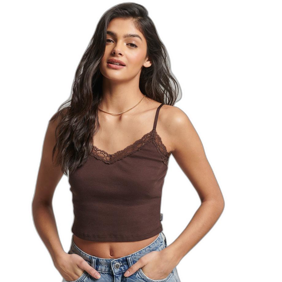 geripptes tanktop mit spitzenbesatz, damen