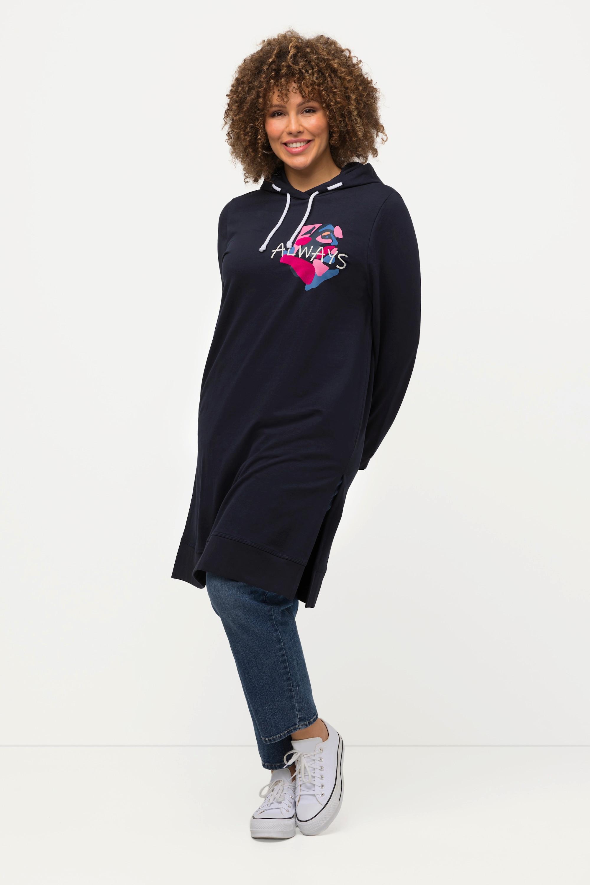 Ulla Popken  Long-Hoodie, Schriftmotiv, Seitenschlitze, Langarm 