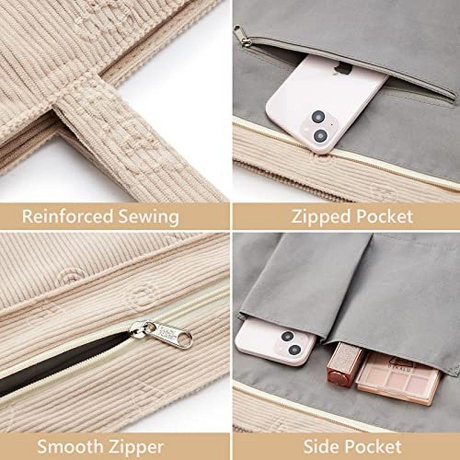 Only-bags.store Borsa a Tracolla in Velluto a Coste Cerniera Grande Shopper Tote Borsa a Mano  