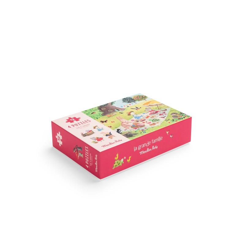 Moulin Roty  4 Mini Puzzles (4 x 12 pcs.), La Grande Famille, Moulin Roty 