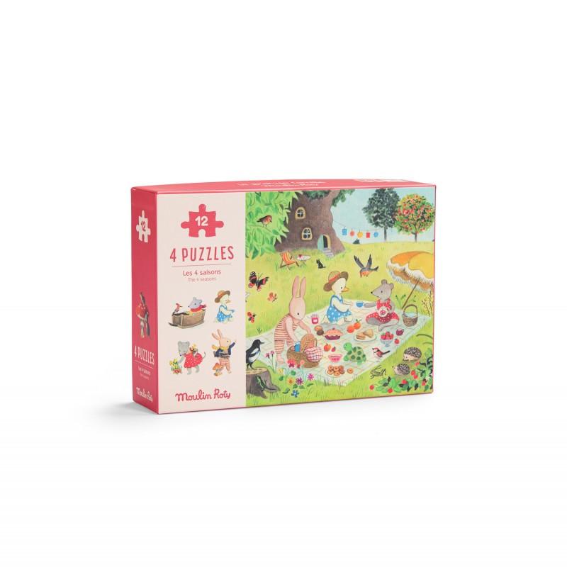 Moulin Roty  4 Mini Puzzles (4 x 12 pcs.), La Grande Famille, Moulin Roty 
