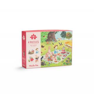 Moulin Roty  4 Mini Puzzles (4 x 12 St.), La Grande Famille, Moulin Roty 