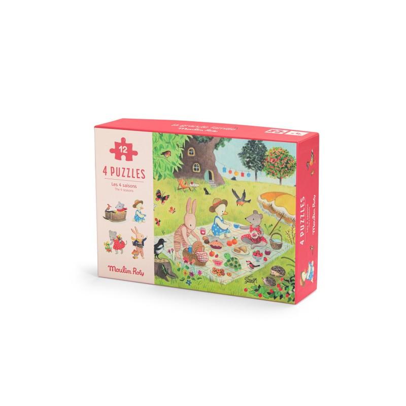 Moulin Roty  4 Mini Puzzles (4 x 12 St.), La Grande Famille, Moulin Roty 