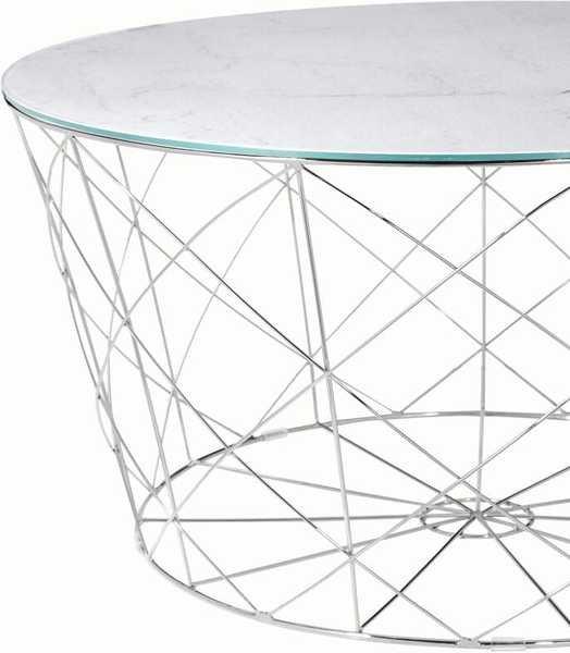 mutoni Table basse avec panier en métal, chrome, marbre, blanc, rond 80x80  