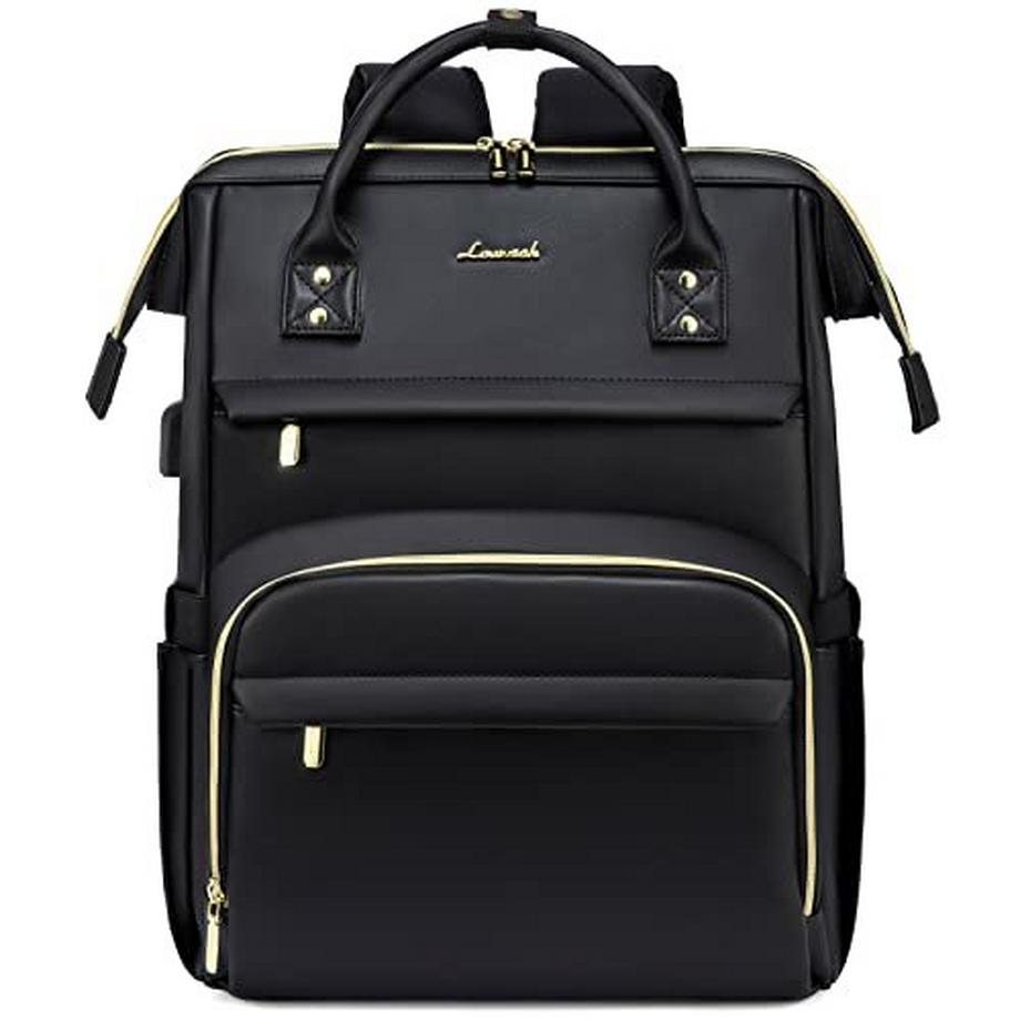 Backpack, Waterproof Laptop Backpack 15.6 inch Black with Laptop Compartment, Large School Backpack Bag PU Leather with USB Charging Port, for School Work Uni Students Teachers Business