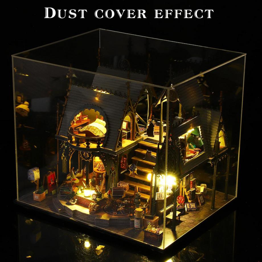 Activity-board  Kit maison de poupée miniature avec meubles en bois,Kit maison de poupée avec couvercle anti-poussière, boîte à musique et LED 