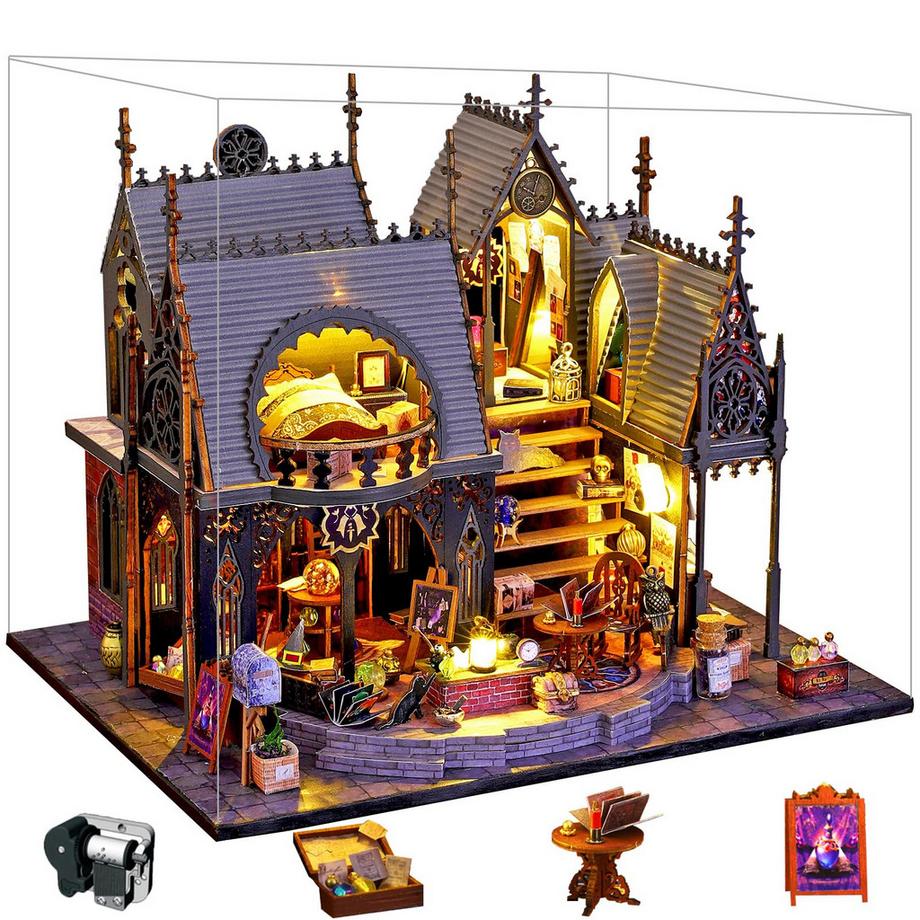 Activity-board  Kit maison de poupée miniature avec meubles en bois,Kit maison de poupée avec couvercle anti-poussière, boîte à musique et LED 