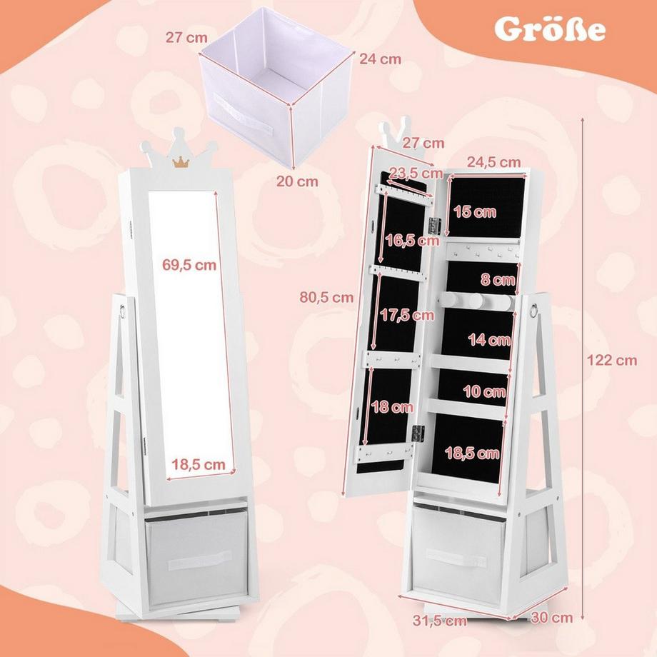 Northix Armadietto portagioielli per bambini 3 in 1 con specchio a figura intera e portagioie con cestino portaoggetti bianco  