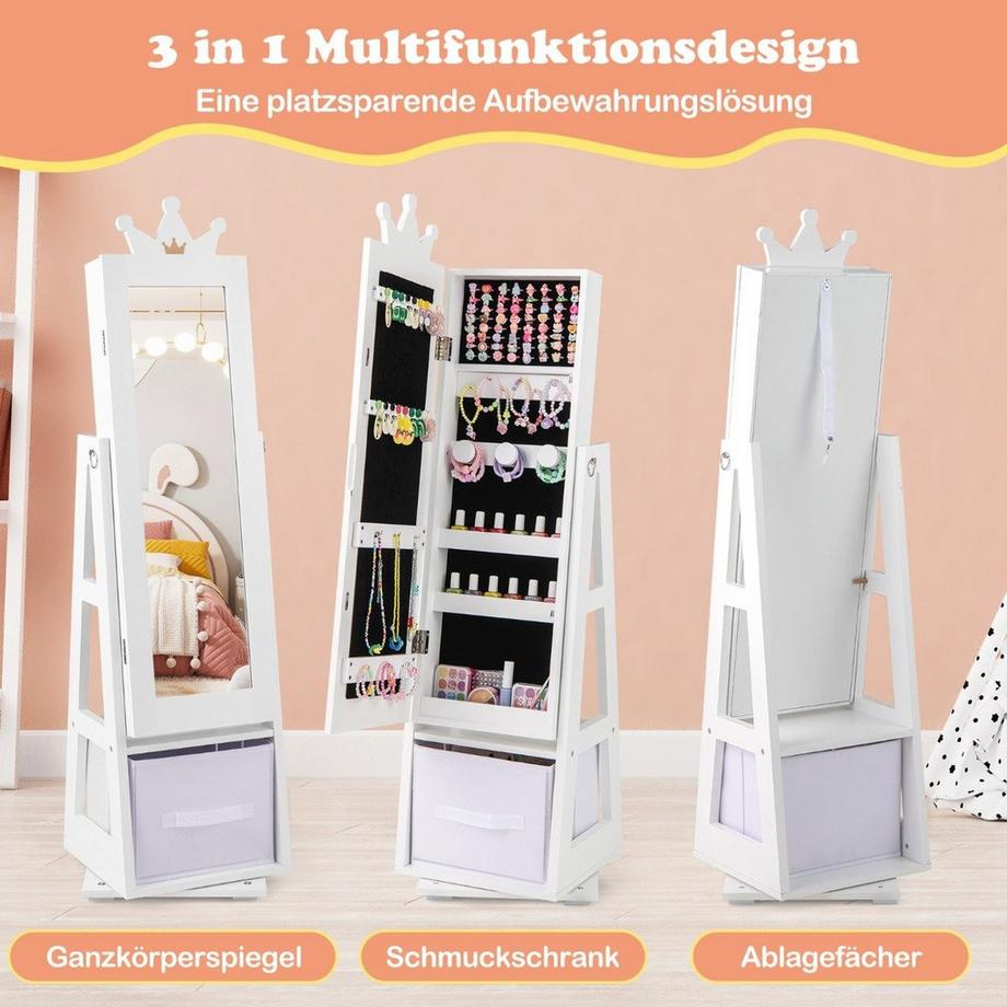Northix Armadietto portagioielli per bambini 3 in 1 con specchio a figura intera e portagioie con cestino portaoggetti bianco  
