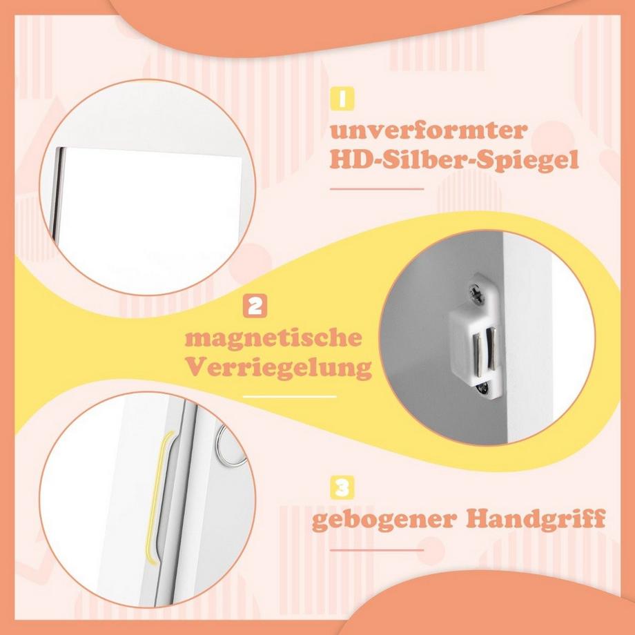 Northix Armadietto portagioielli per bambini 3 in 1 con specchio a figura intera e portagioie con cestino portaoggetti bianco  