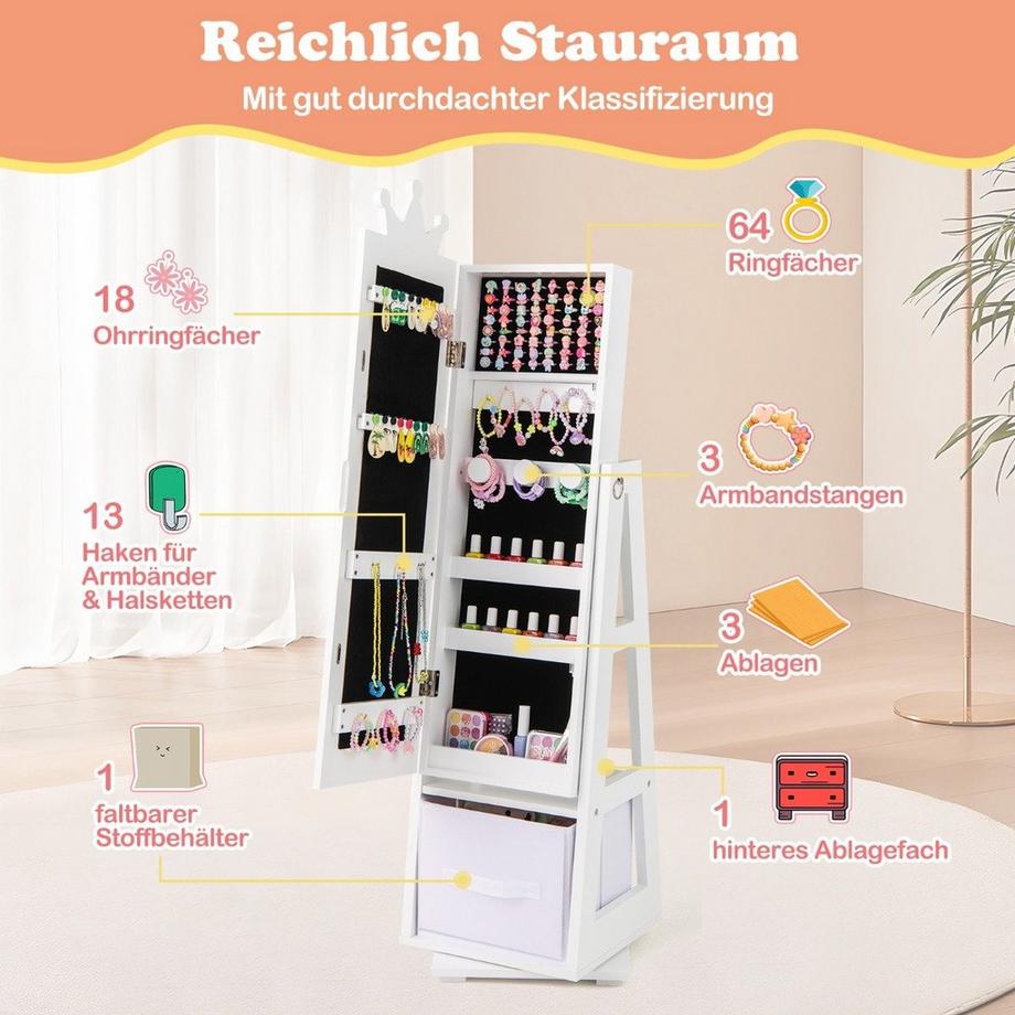 Northix Armadietto portagioielli per bambini 3 in 1 con specchio a figura intera e portagioie con cestino portaoggetti bianco  