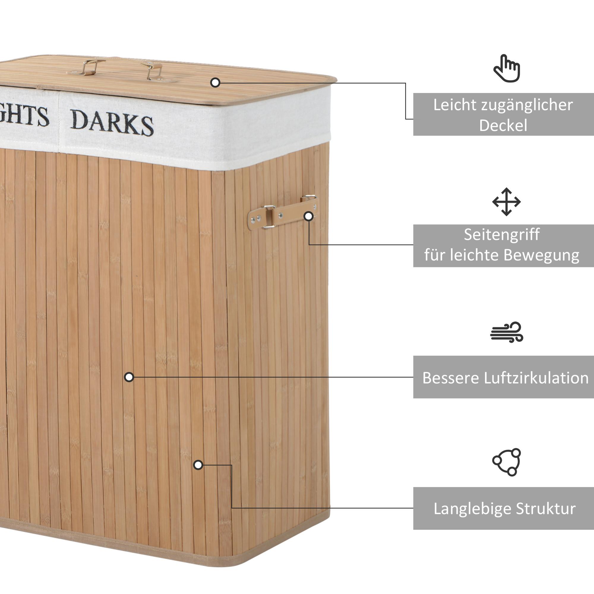 Northio Wäschekorb 100L Wäschebox Wäschesammler Mit Deckel, Segeltuchsack, Bambus, Natur, 52X32X63Cm  