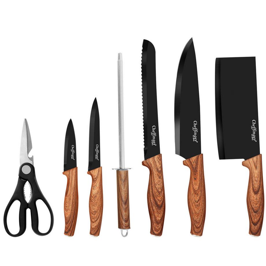 Cheffinger Set de Couteaux 7 Pièces Manches Aspect Bois  