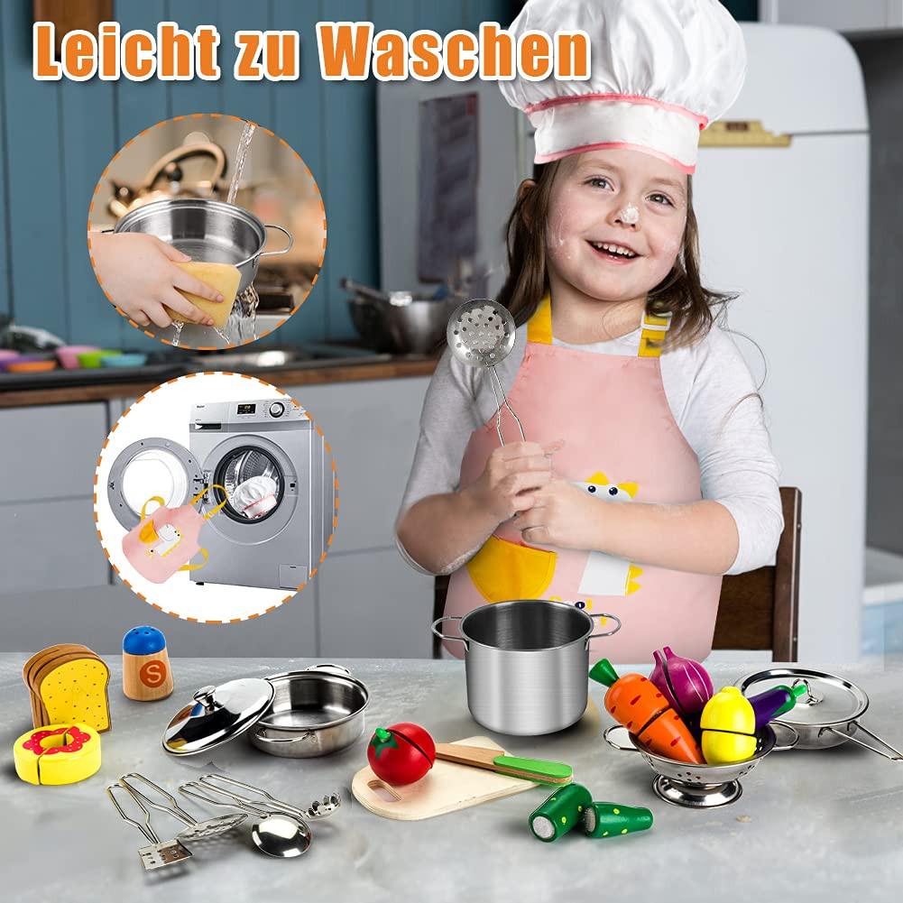 Activity-board  Zubehör für die Küche, Kinderkochgeschirr mit Edelstahltöpfen und -pfannen, Schürze und Kochmütze, Rollenspielset für Gemüse 