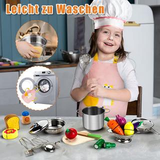 Activity-board  Zubehör für die Küche, Kinderkochgeschirr mit Edelstahltöpfen und -pfannen, Schürze und Kochmütze, Rollenspielset für Gemüse 