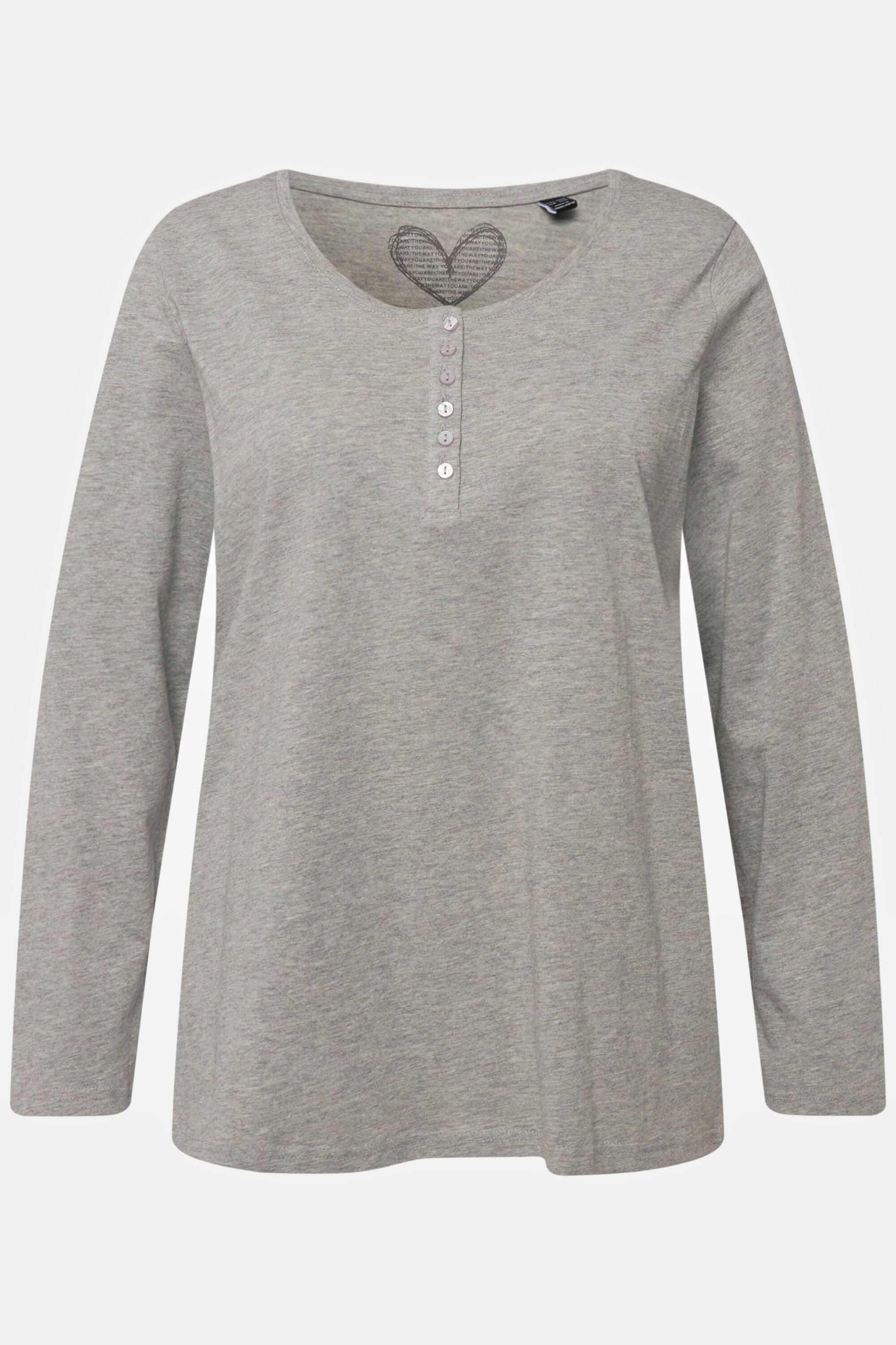 Ulla Popken  T-shirt manches longues, collection Basic. Patte de boutonnage. Coupe Regular Fit. 