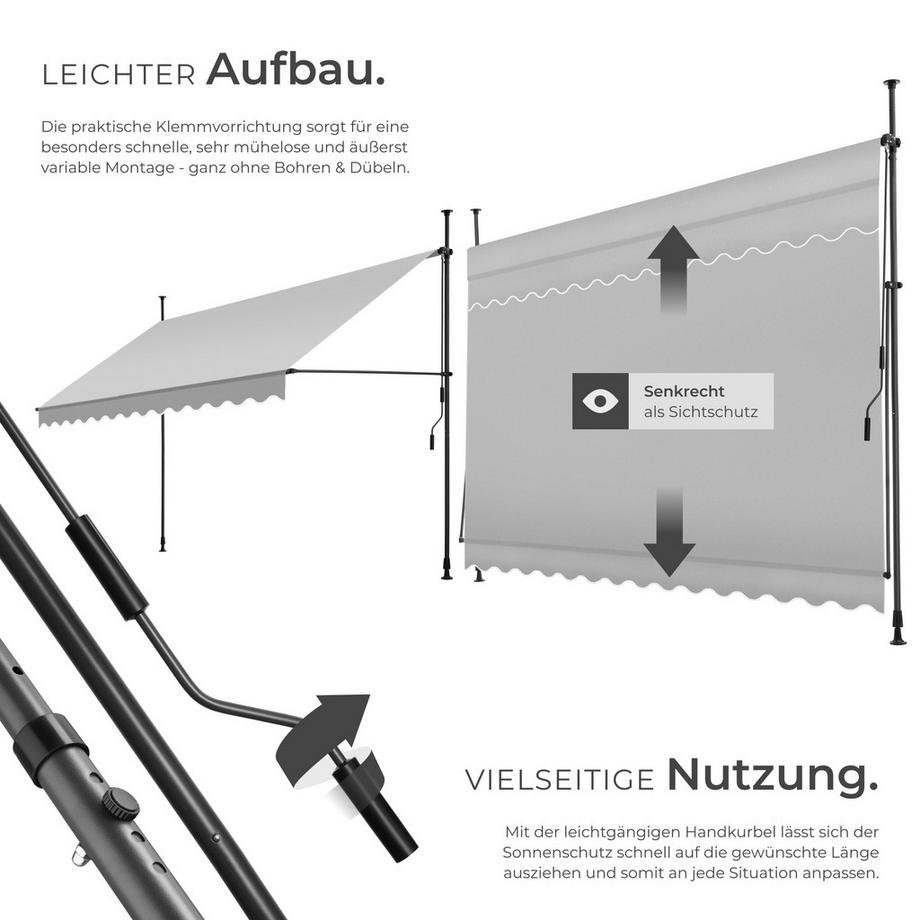 Tectake Klemmmarkise  mit Handkurbel UV-beständig  