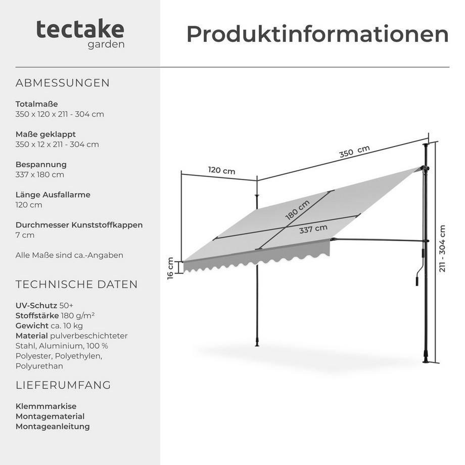 Tectake Klemmmarkise  mit Handkurbel UV-beständig  