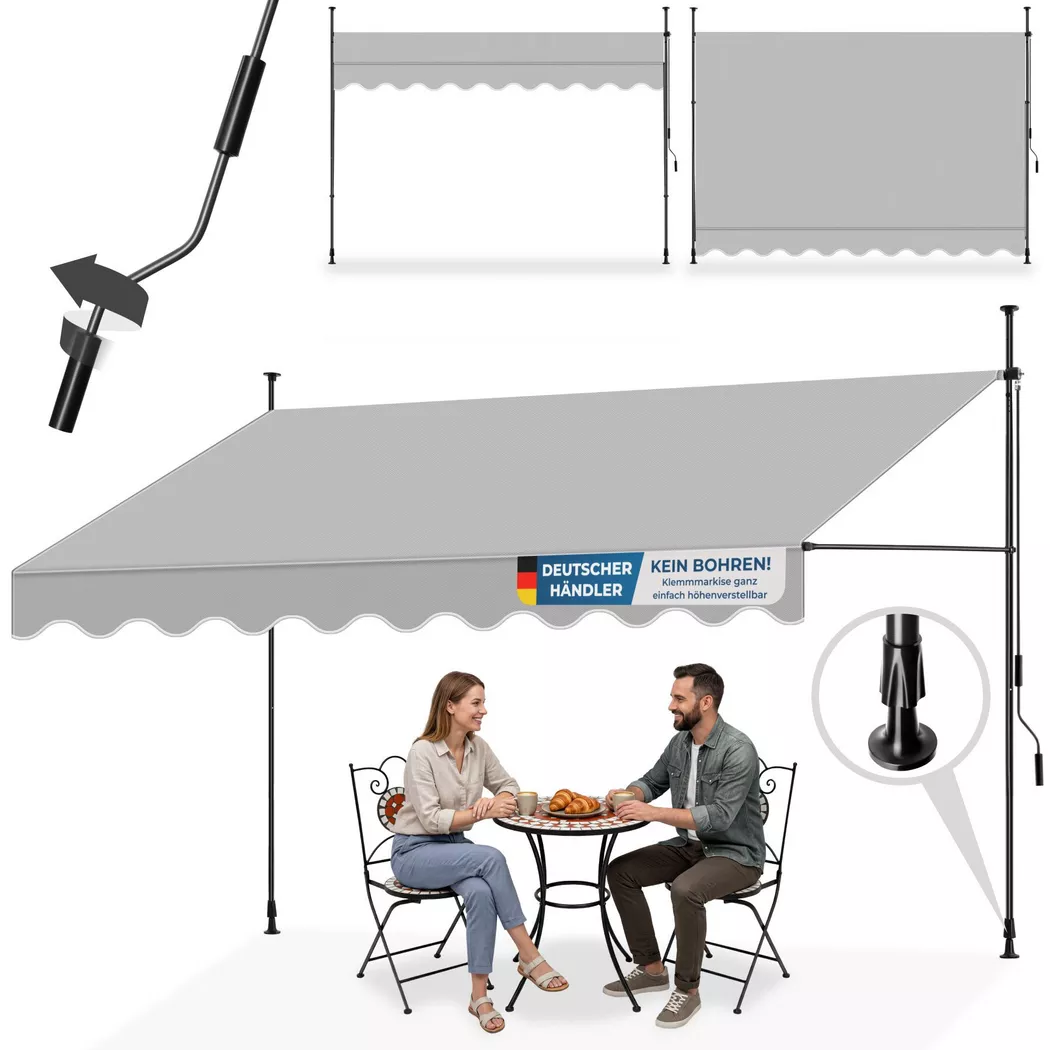 tectake® Klemmmarkise mit Handkurbel, ohne Bohren, UV-beständig, bis 90° neigbar, wasserabweisend