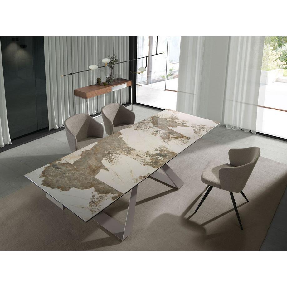 ANGEL CERDA Rechteckiger ausziehbarer Esstisch aus Porzellanmarmor und taupefarbenem Stahl  