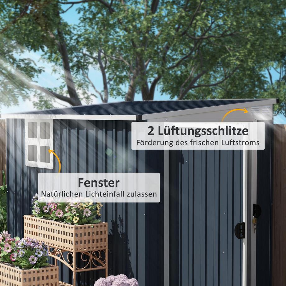 Northio Metall Gerätehaus 2,7m² 128x231x181cm Geräteschuppen mit Pultdach Fenster Abschließbarer Tür wetterfest Gartenhaus Outdoor Garten Schuppen für Hinterhof Außenbereich Dunkelgrau Aosom  
