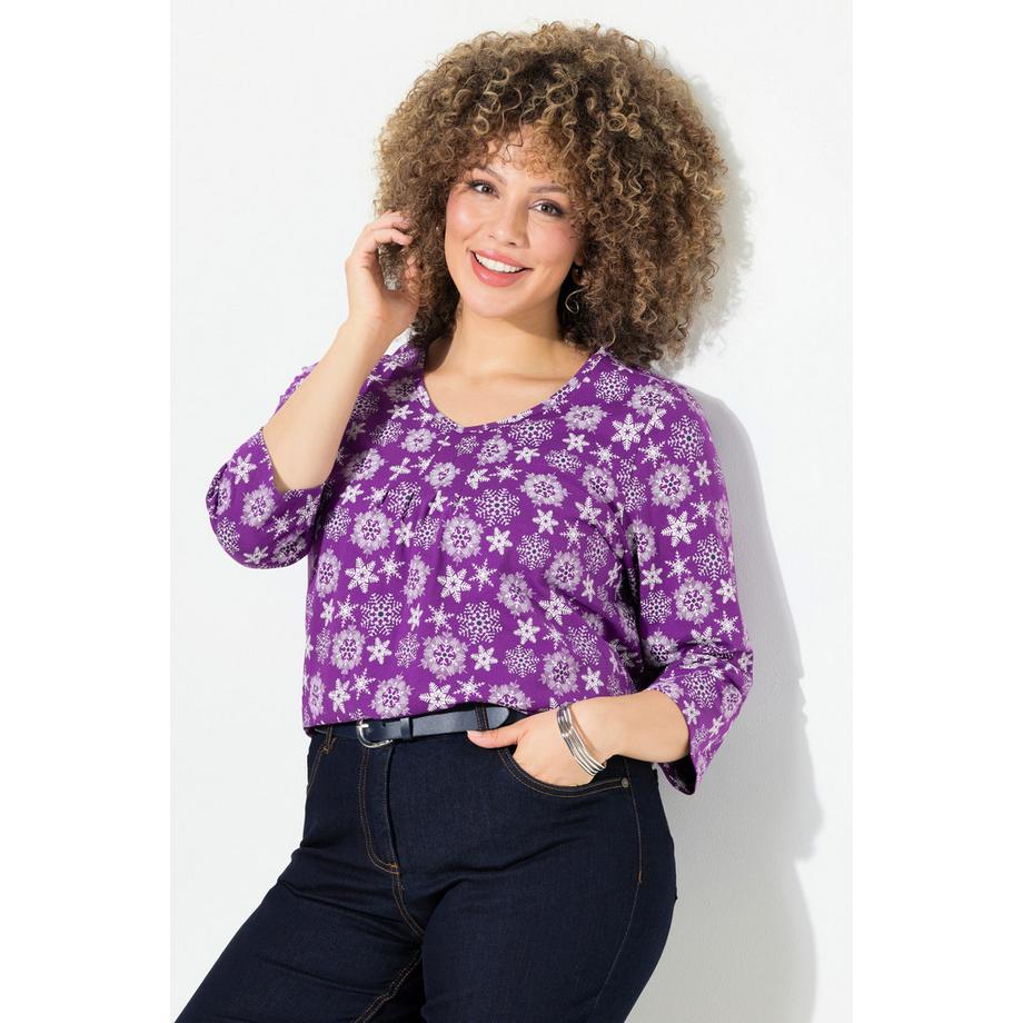Ulla Popken Schneeflocken A-Linie V-Ausschnitt 3/4 Arm Shirt  