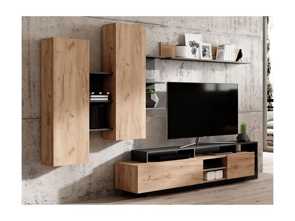 Vente-unique Mur TV avec rangements - Coloris : Naturel et anthracite - IDESIA  