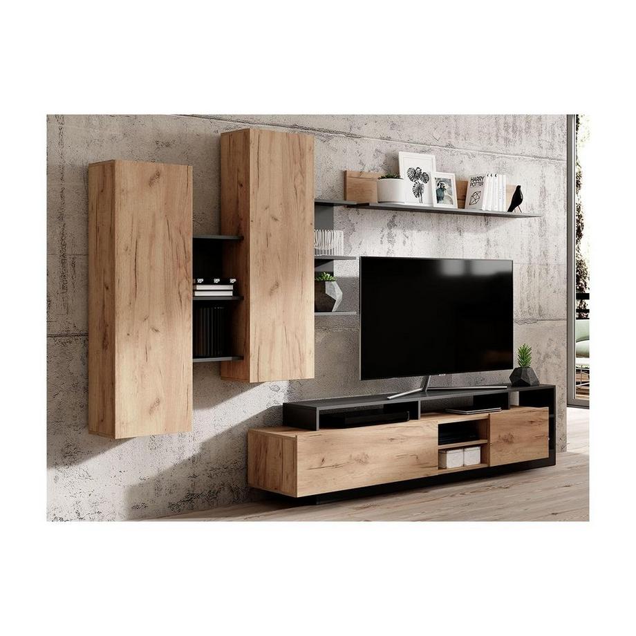 Vente-unique Mur TV avec rangements - Coloris : Naturel et anthracite - IDESIA  