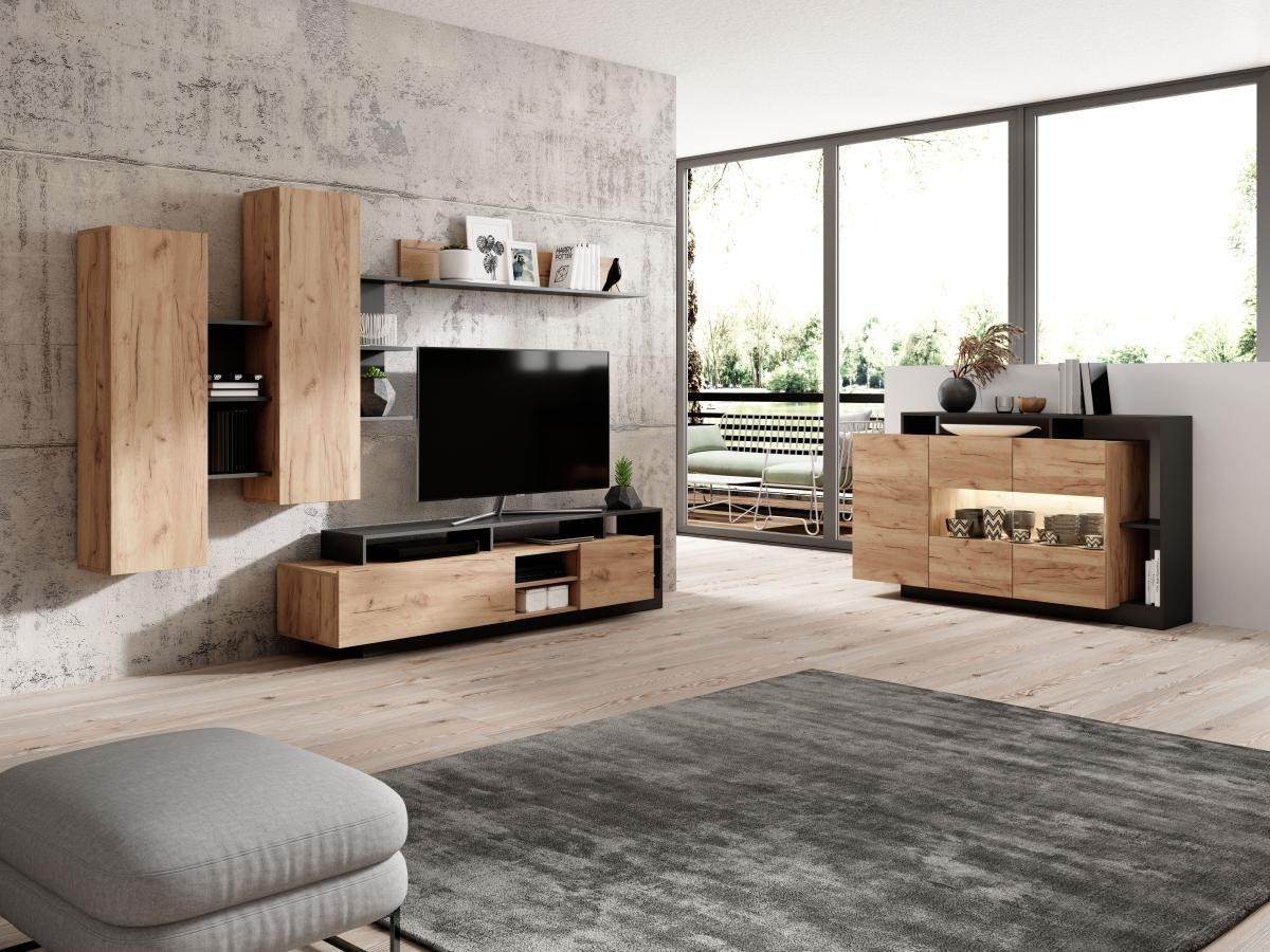 Vente-unique Mur TV avec rangements - Coloris : Naturel et anthracite - IDESIA  