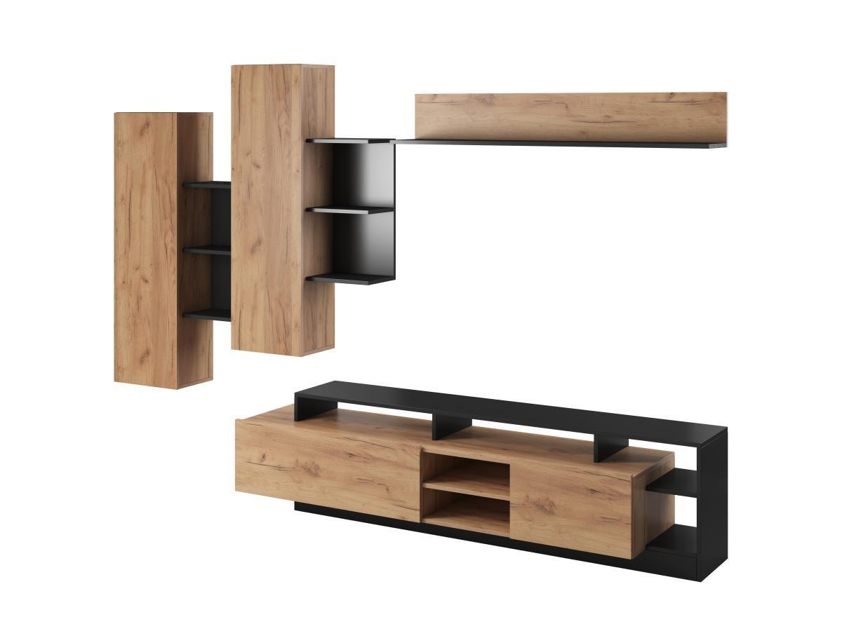 Vente-unique Mur TV avec rangements - Coloris : Naturel et anthracite - IDESIA  